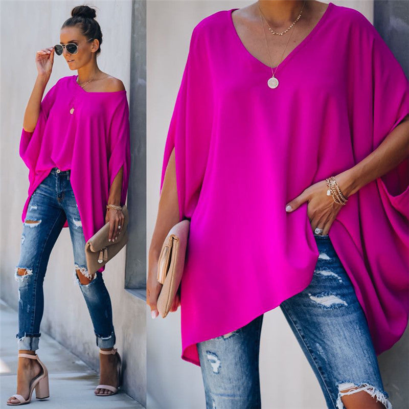 European and American Women's Loose Personality V-neck T-shirt