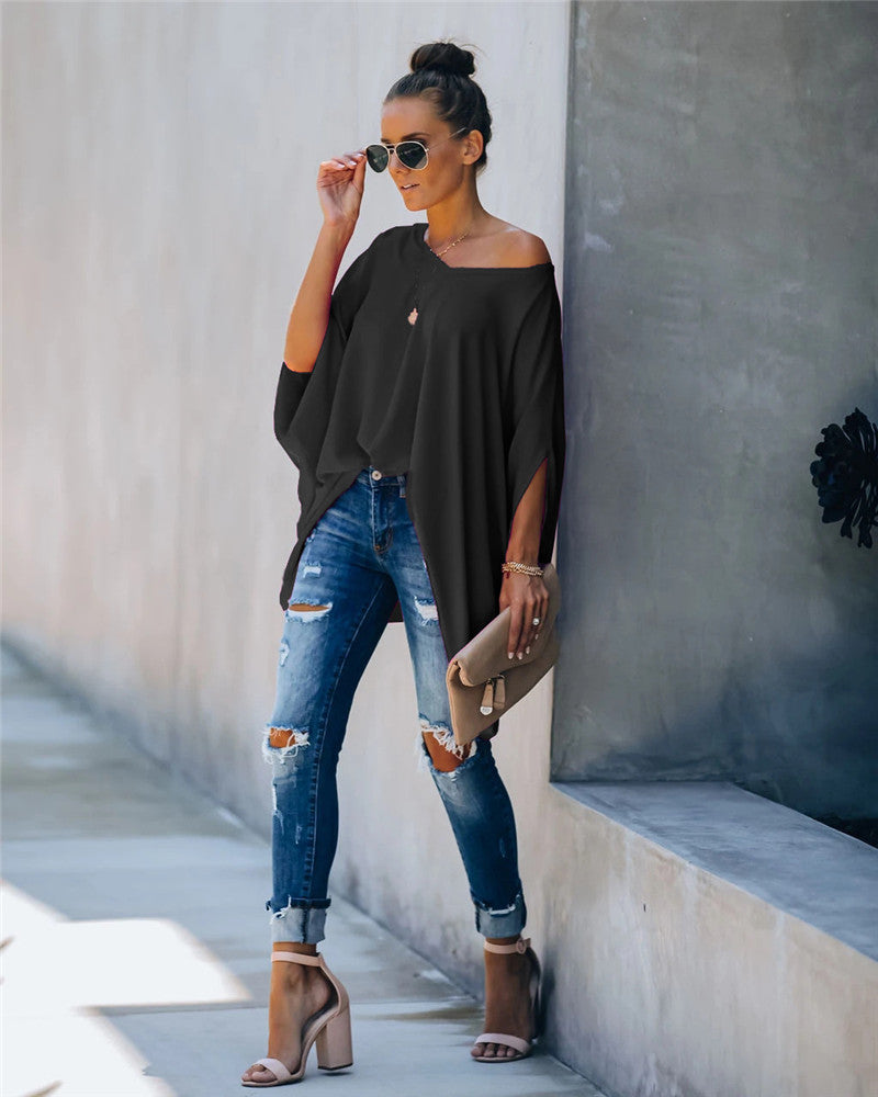 European and American Women's Loose Personality V-neck T-shirt