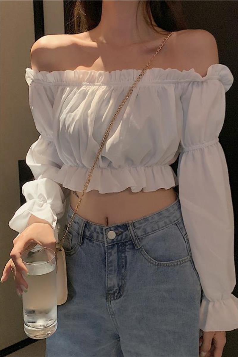 One-Line Neck Strapless Design Top Female Student High-Waist Navel Puff Sleeve T-Shirt