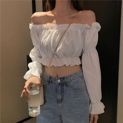 One-Line Neck Strapless Design Top Female Student High-Waist Navel Puff Sleeve T-Shirt