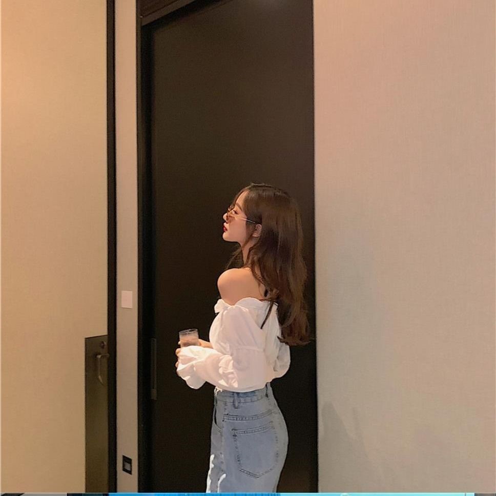 One-Line Neck Strapless Design Top Female Student High-Waist Navel Puff Sleeve T-Shirt