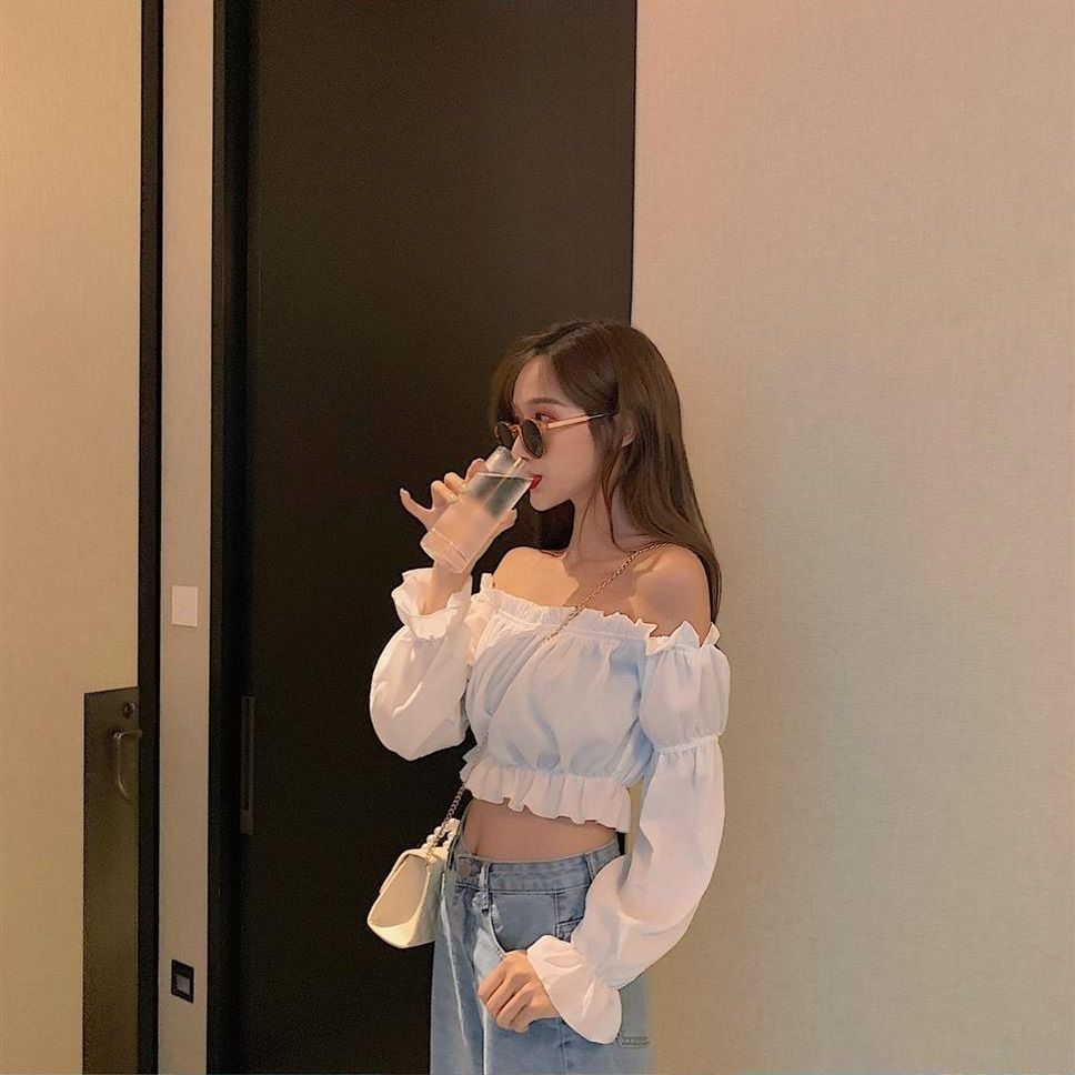 One-Line Neck Strapless Design Top Female Student High-Waist Navel Puff Sleeve T-Shirt