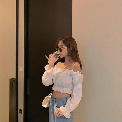 One-Line Neck Strapless Design Top Female Student High-Waist Navel Puff Sleeve T-Shirt