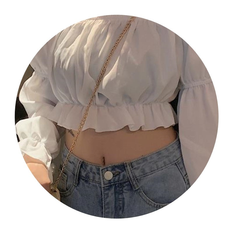 One-Line Neck Strapless Design Top Female Student High-Waist Navel Puff Sleeve T-Shirt