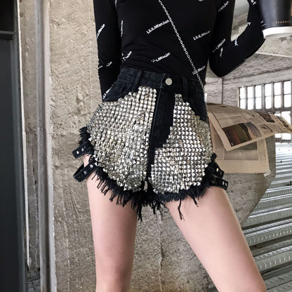 Denim Shorts With Side Studs Loose Ripped High-Rise Jeans
