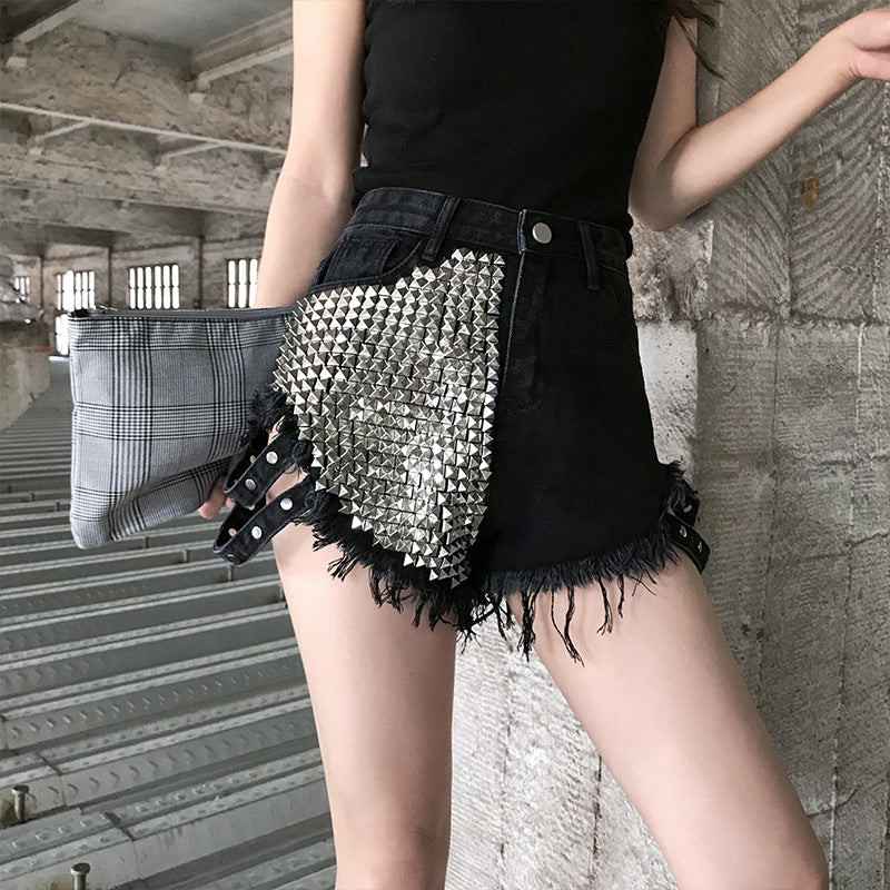 Denim Shorts With Side Studs Loose Ripped High-Rise Jeans