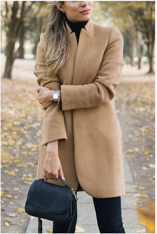 Fall Winter New Style European And American Fashion Solid Color Stand-Up Collar Woolen Jacket