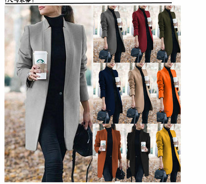 Fall Winter New Style European And American Fashion Solid Color Stand-Up Collar Woolen Jacket