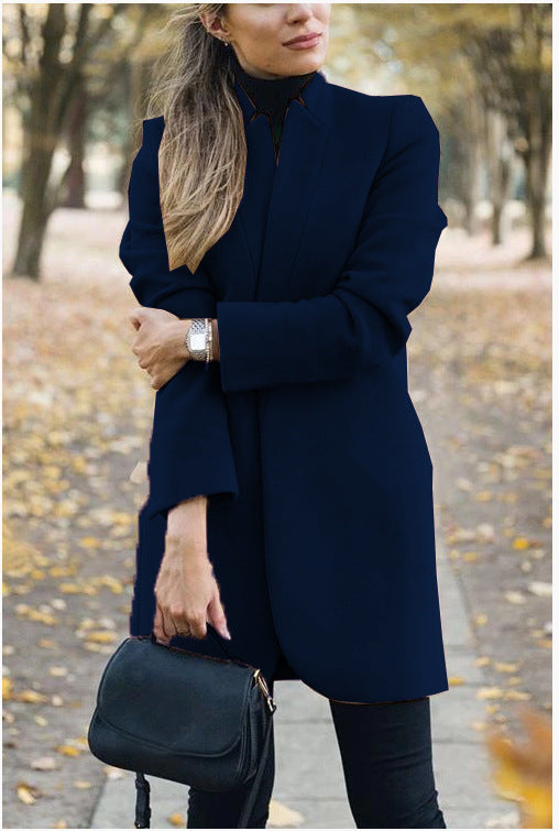 Fall Winter New Style European And American Fashion Solid Color Stand-Up Collar Woolen Jacket