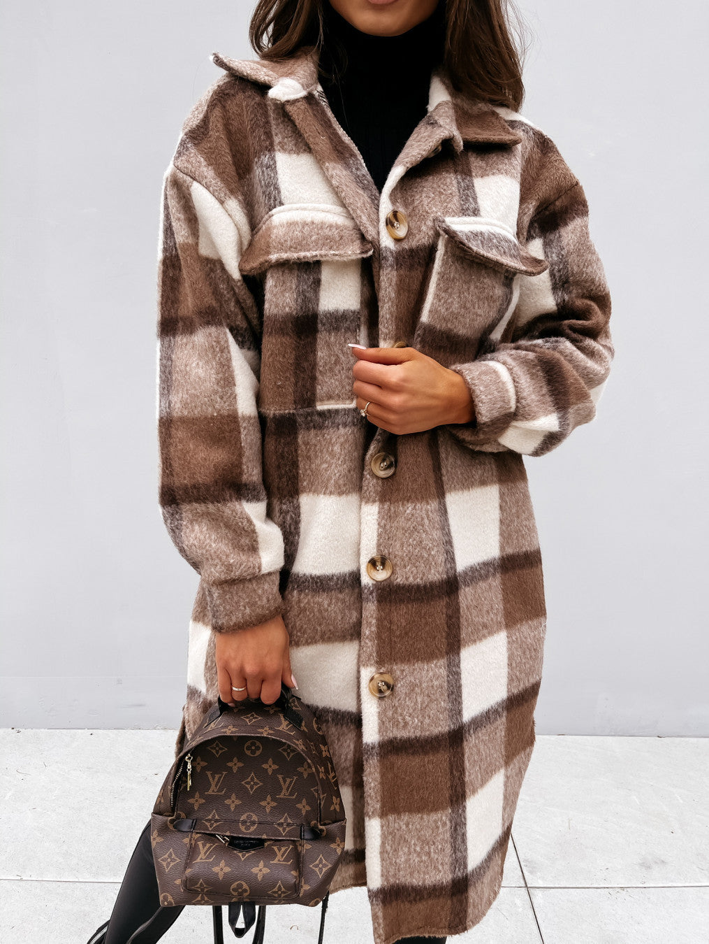 Women's Long-sleeved Plaid Print Mid-length Shirt Jacket