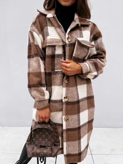 Women's Long-sleeved Plaid Print Mid-length Shirt Jacket