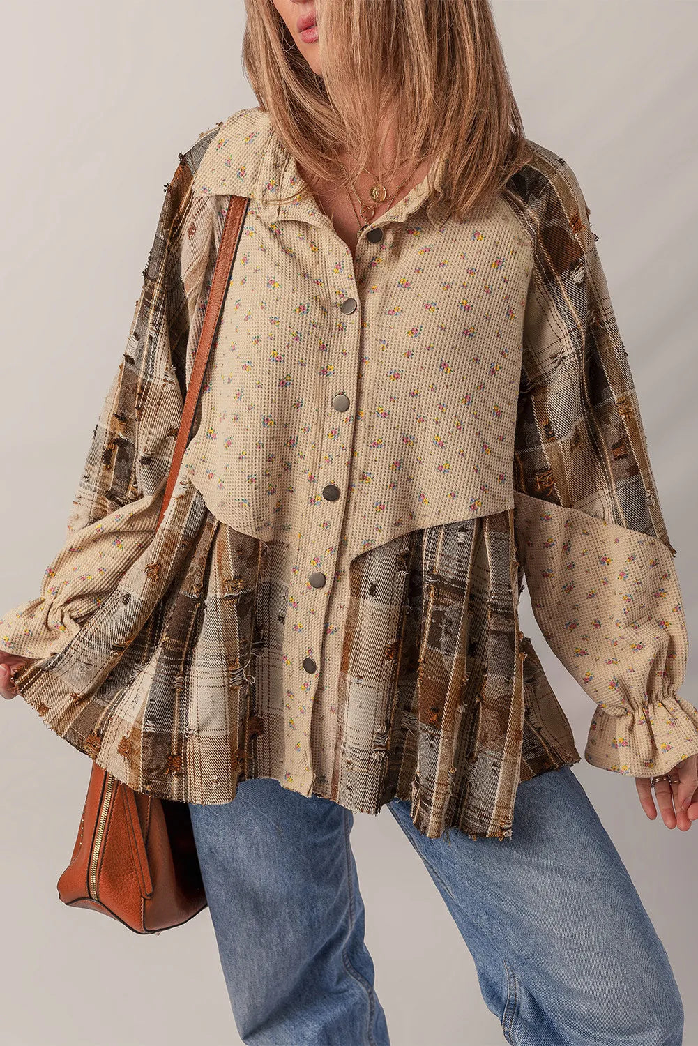 Oatmeal Bohemian Floral Plaid Top