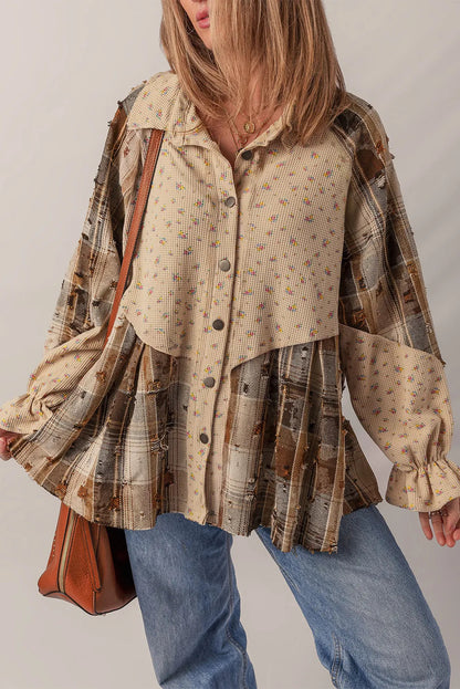 Oatmeal Bohemian Floral Plaid Top