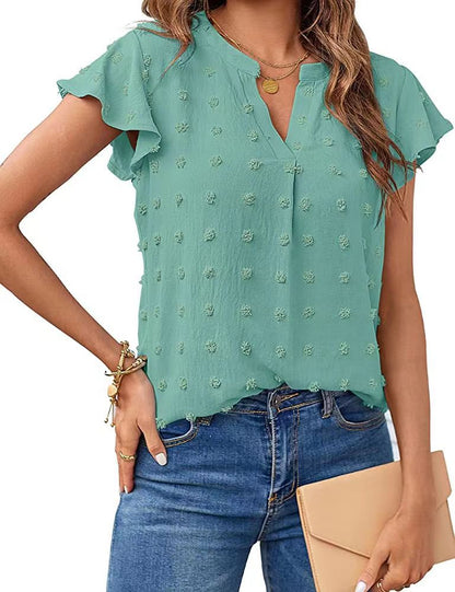Women's Fashion V-neck Ruffle Sleeve Chiffon Shirt Short Sleeve