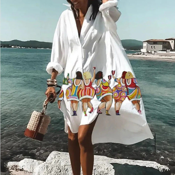 Women's Casual Loose Lapel Midi Shirt Dress