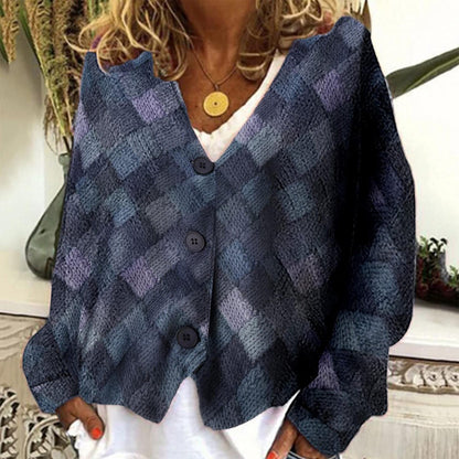 Spring And Autumn Casual V-neck Button Irregular Pattern Print Coat For Women