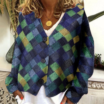Spring And Autumn Casual V-neck Button Irregular Pattern Print Coat For Women