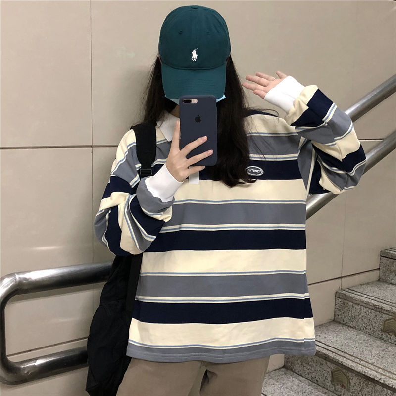 Spring And Autumn Idle Style Striped Loose Collar Sweater