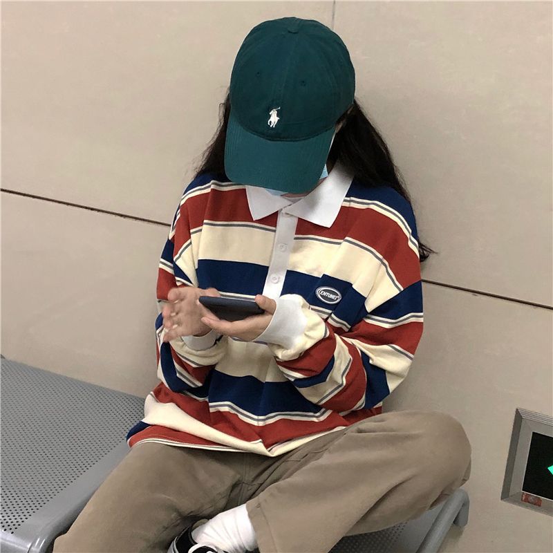 Spring And Autumn Idle Style Striped Loose Collar Sweater