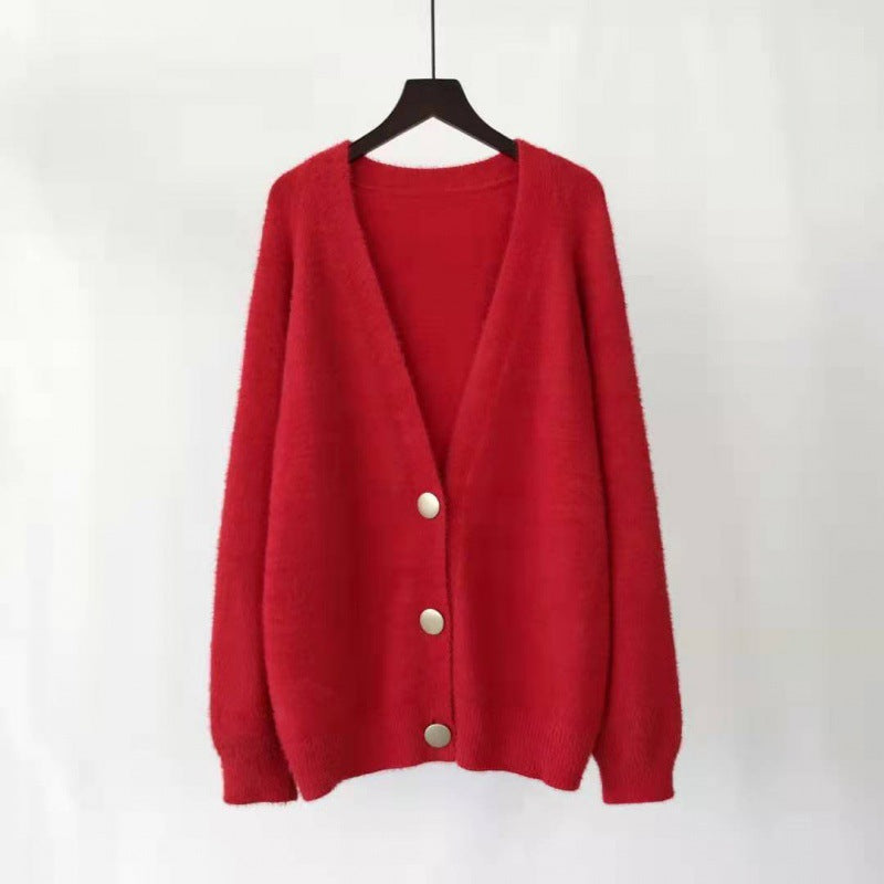 V-Neck Knitted Cardigan Button Mink Like Coat