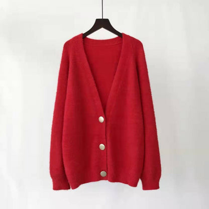 V-Neck Knitted Cardigan Button Mink Like Coat