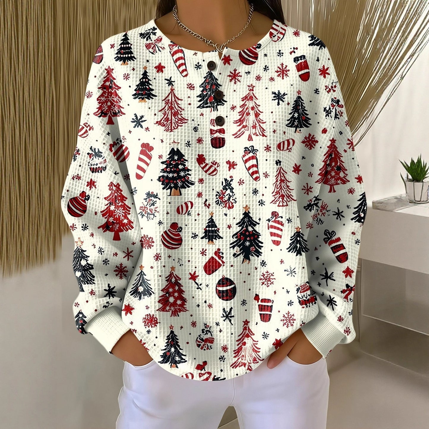 Retro 3D Digital Print Three-button Stand Collar Top
