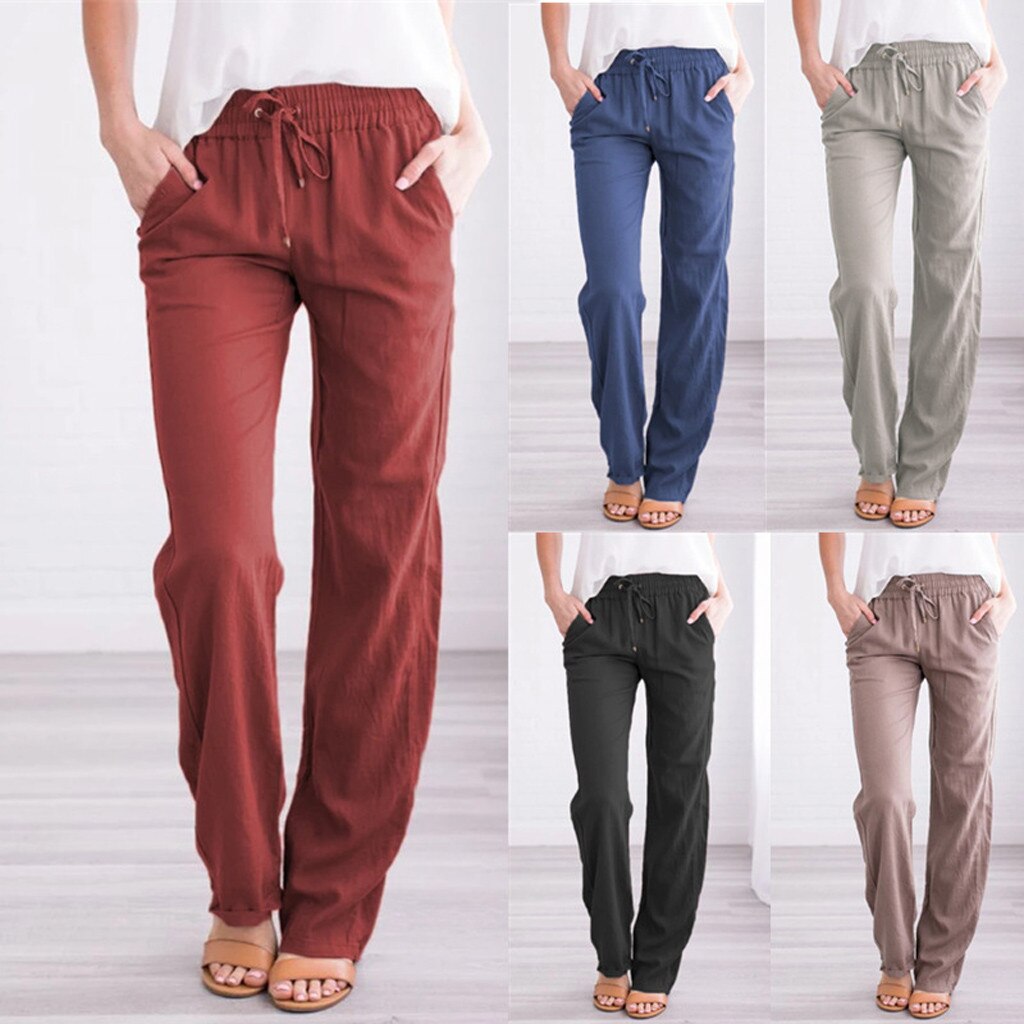 Cotton and Linen Drawstring Loose Casual Wide-Leg Trousers