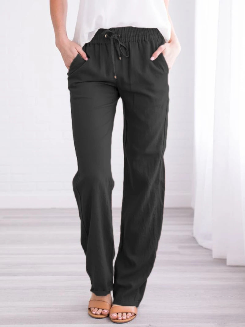 Cotton and Linen Drawstring Loose Casual Wide-Leg Trousers