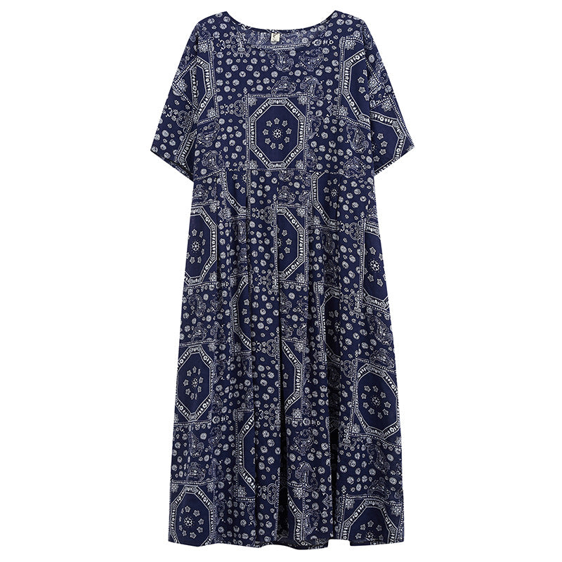 Loose Cotton And Linen Print Short-sleeved Dress
