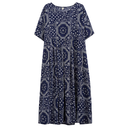 Loose Cotton And Linen Print Short-sleeved Dress