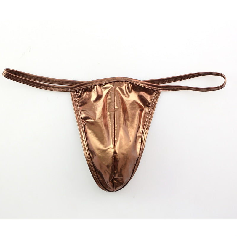 Shiny sexy men's thong bronzing patent leather shorts