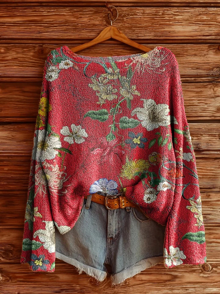 Women's Printed Loose Retro Long-sleeved Brushed Top