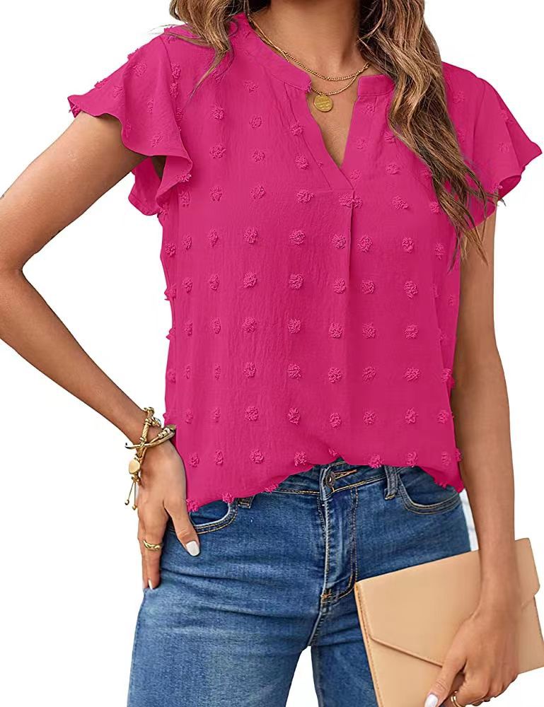 Women's Fashion V-neck Ruffle Sleeve Chiffon Shirt Short Sleeve