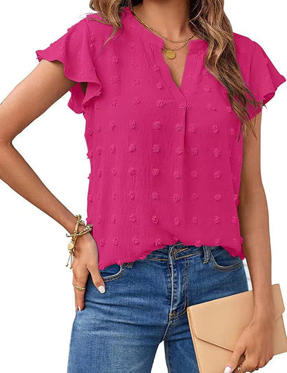 Women's Fashion V-neck Ruffle Sleeve Chiffon Shirt Short Sleeve