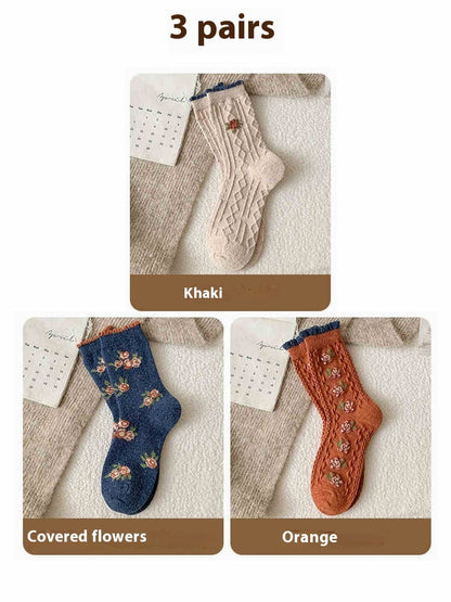 Vintage Small Flower Wool Socks Fleece Lined Padded Warm Keeping Tube Socks