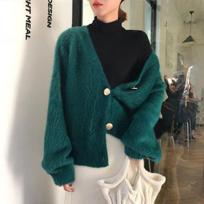 V-Neck Knitted Cardigan Button Mink Like Coat