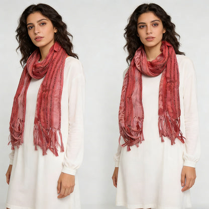 Pink Leopard Viscose Scarf With Metallic Threads - Long Boho Scarf 67inchx24inch
