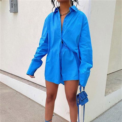 Solid Single Breasted Long Sleeve Lapel Shirt Shorts