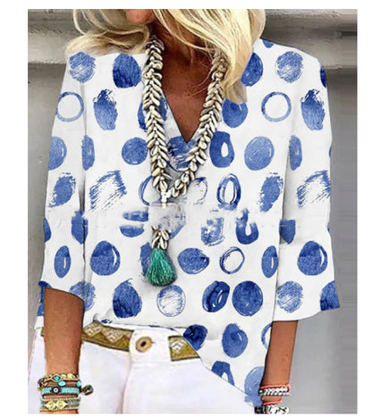 V-Neck Dot Print Loose Casual Shirt Top