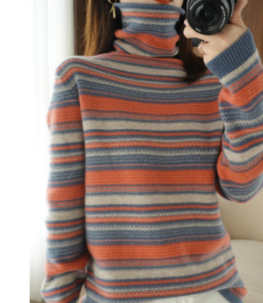 Turtleneck Women's Knitted Sweater Wool Striped Long Sleeves