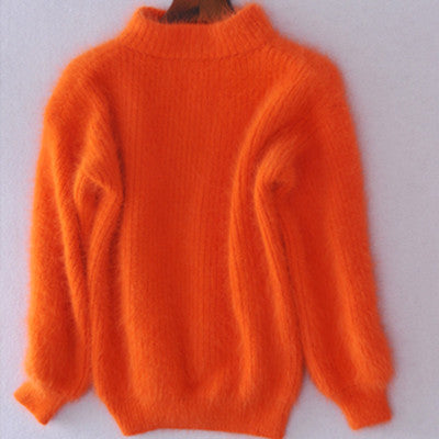 Faux Mink Half High Neck Loose Solid Color Sweater