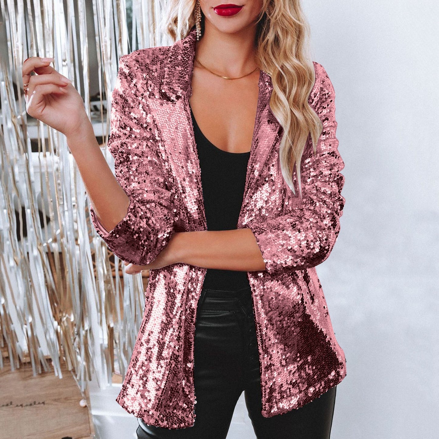 Lapel Long Sleeve Sequined Casual Suit Jacket Women