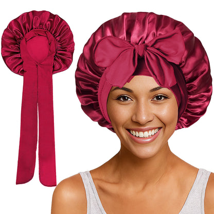 Satin Round Cap Bow Elastic Wide-brimmed Ribbon Nightcap