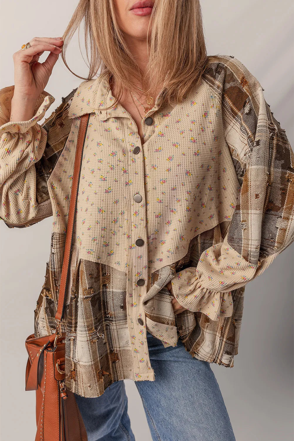 Oatmeal Bohemian Floral Plaid Top