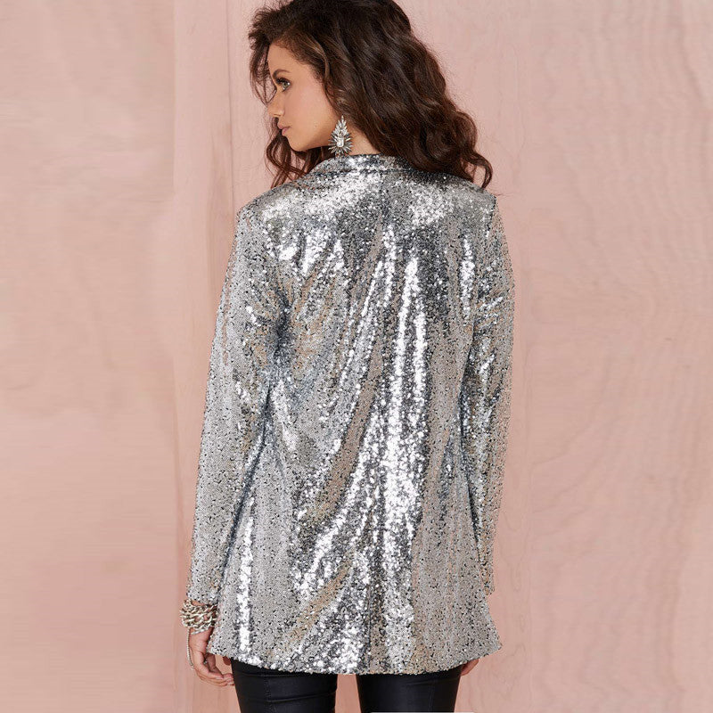 Cardigan Commuter Silver Sequins Loose Small Blazer