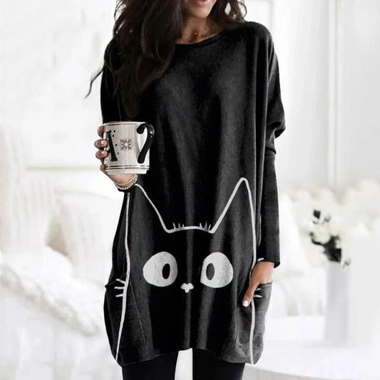 New Christmas Print Women's Fashion Pocket T-shirt Long
