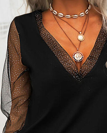 V Neck Fashion Mesh Patchwork Top