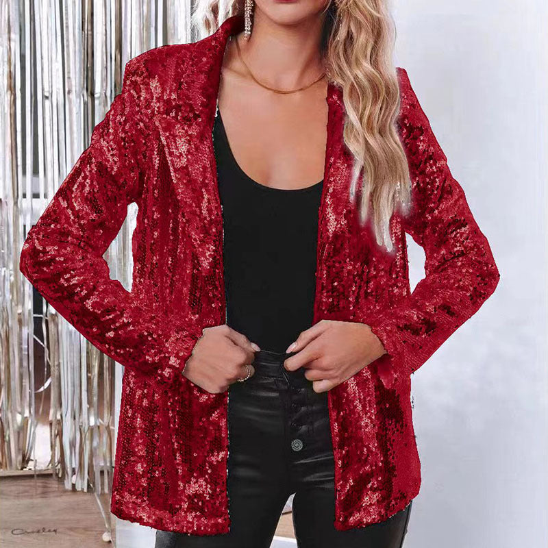 Lapel Long Sleeve Sequined Casual Suit Jacket Women