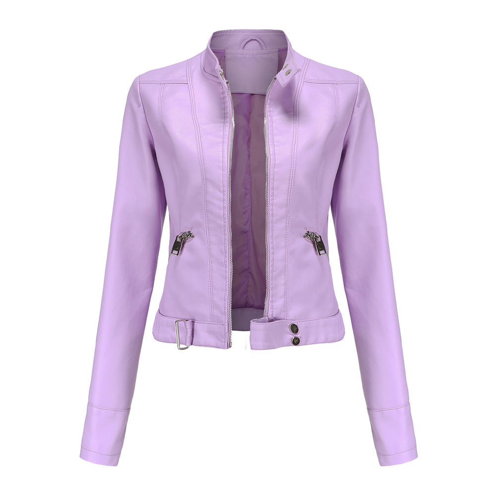 Ladies Leather Jacket With Stand-up Collar