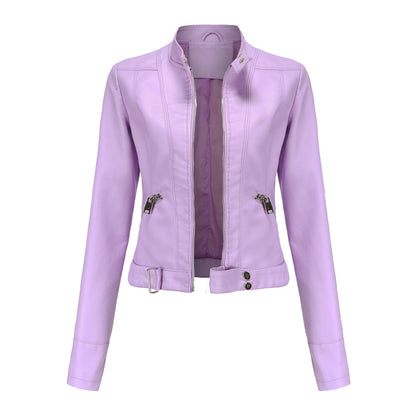 Ladies Leather Jacket With Stand-up Collar